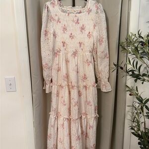 Floral Smocked Tiered Maxi Dress - Cream with Pink Floral